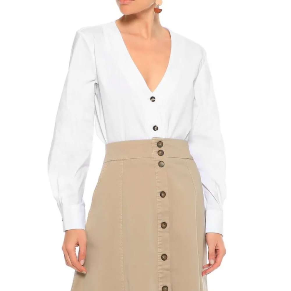 Iris & Ink White V Neck Button Down Blouse